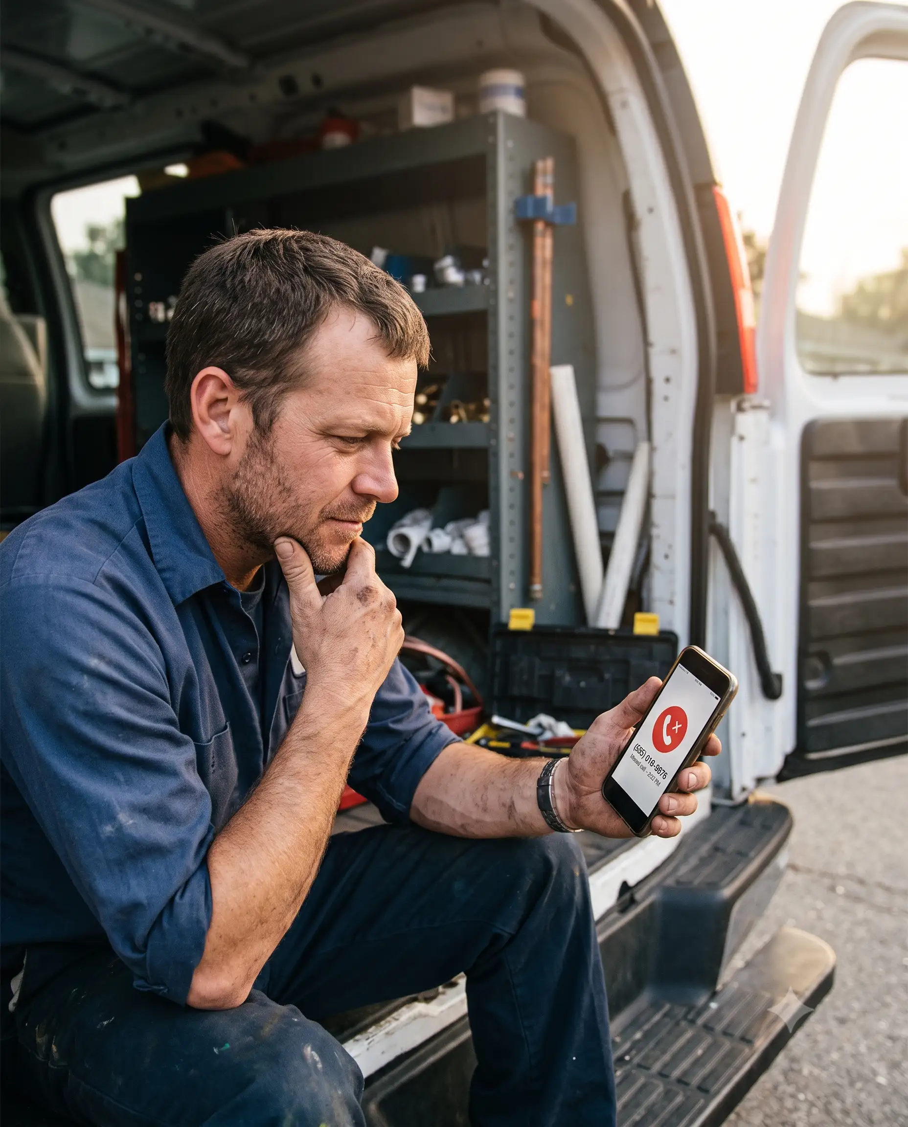 Plumber checking a missed customer call after finishing a job
